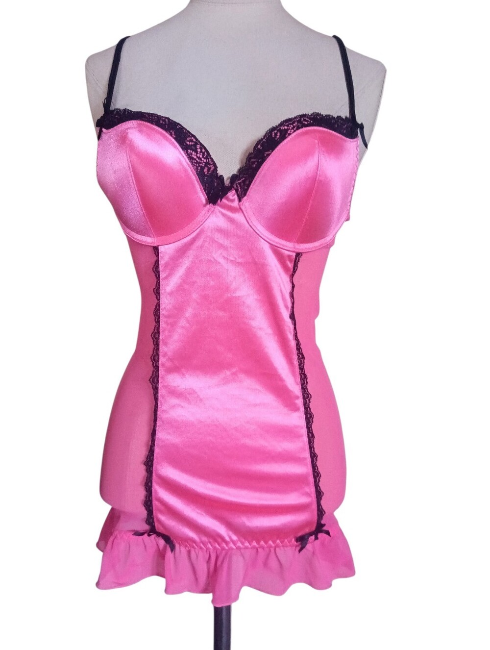 Hot Pink And Black Satin Lace Sheer Chemise Lingerie With Ruffled Hem Size S
